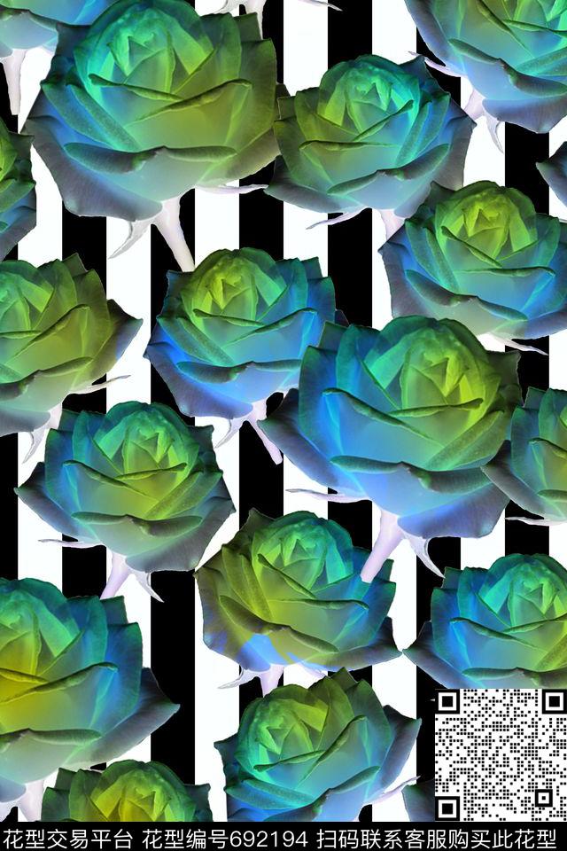 条纹玫瑰花朵数码印花华亿平台下载（图片编号: 692194） - 瓦栏（Walan）
