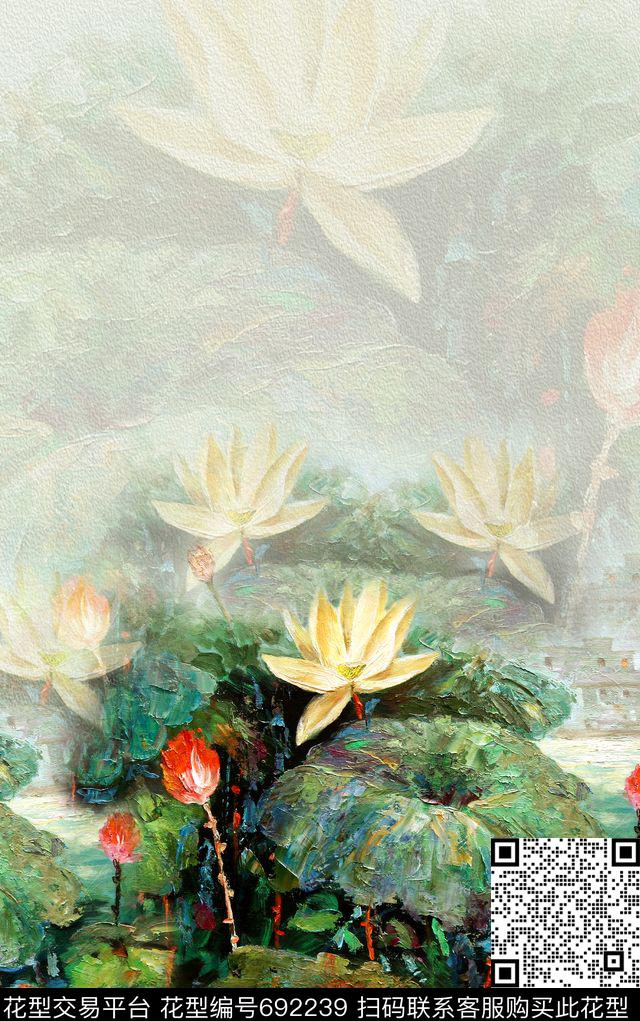 中国风定位花油画荷花数码印花华亿平台下载（图片编号: 692239） - 瓦栏（Walan）