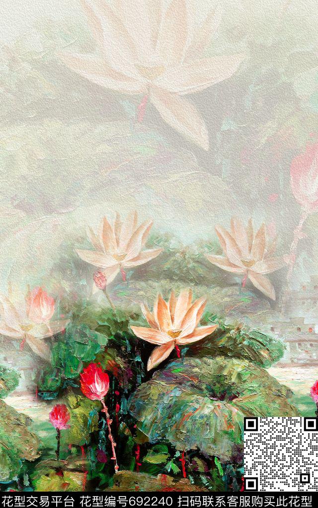 中国风定位花油画荷花数码印花华亿平台下载（图片编号: 692240） - 瓦栏（Walan）