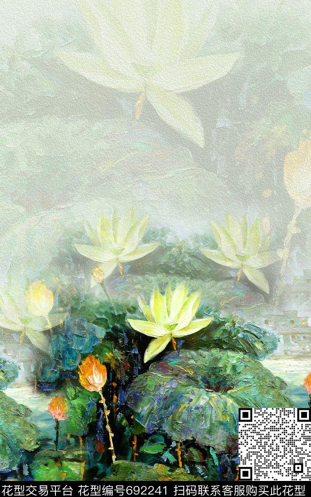 中国风定位花油画荷花数码印花华亿平台下载（图片编号: 692241） - 瓦栏（Walan）