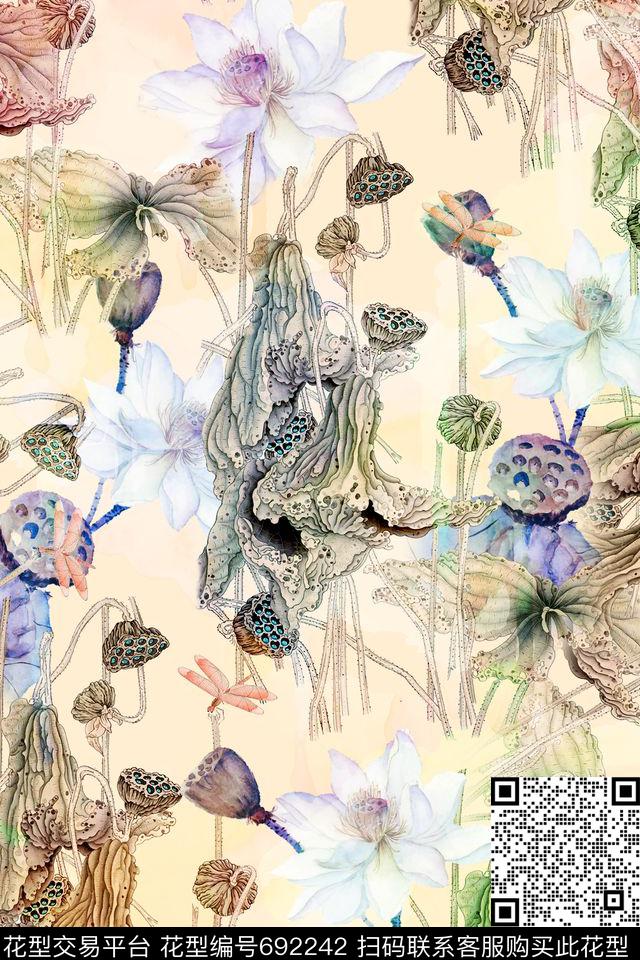 水墨荷花中国风莲蓬数码印花华亿平台下载（图片编号: 692242） - 瓦栏（Walan）