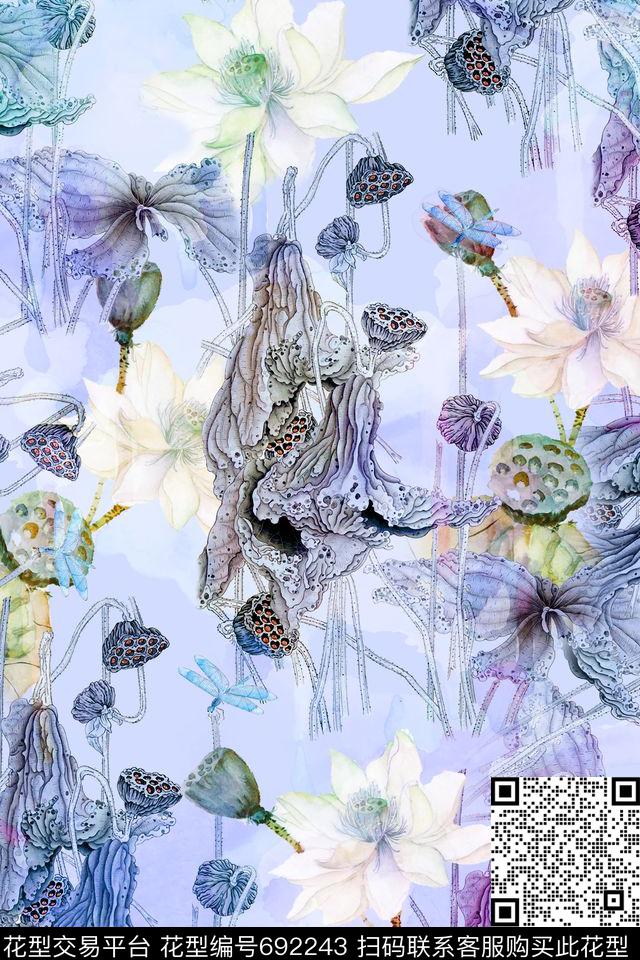 水墨荷花中国风莲蓬数码印花华亿平台下载（图片编号: 692243） - 瓦栏（Walan）