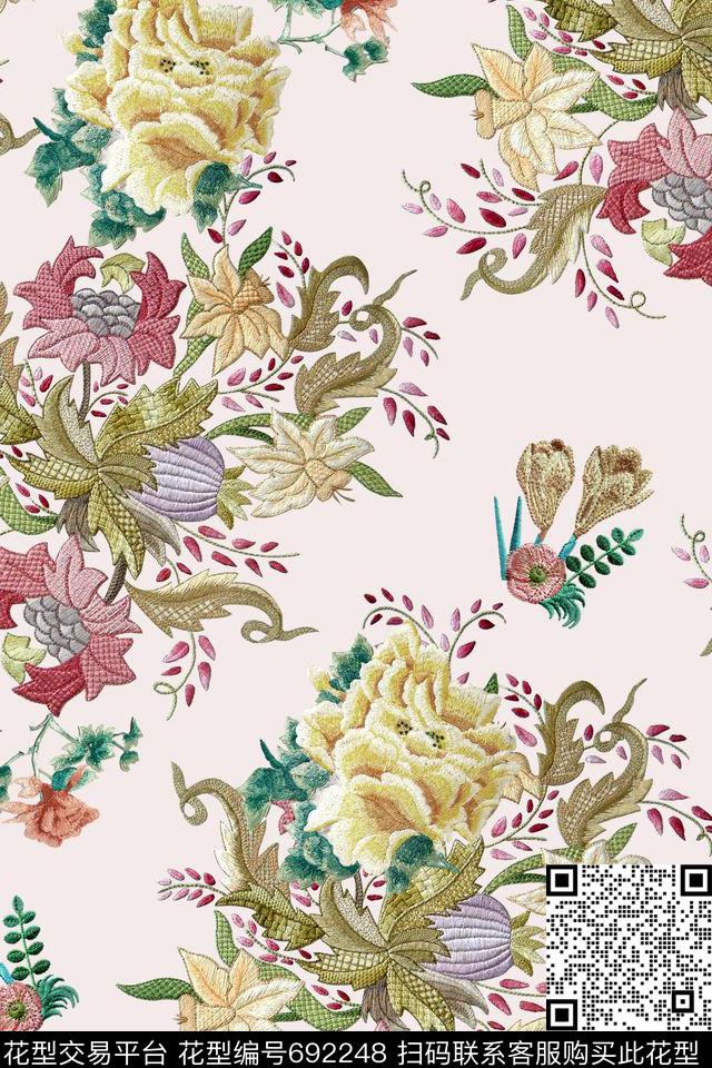 时尚绣花花卉数码印花华亿平台下载（图片编号: 692248） - 瓦栏（Walan）