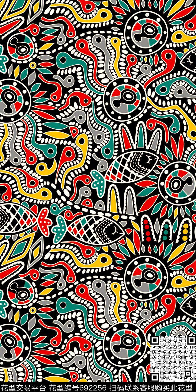 手绘图腾鱼数码印花华亿平台下载（图片编号: 692256） - 瓦栏（Walan）