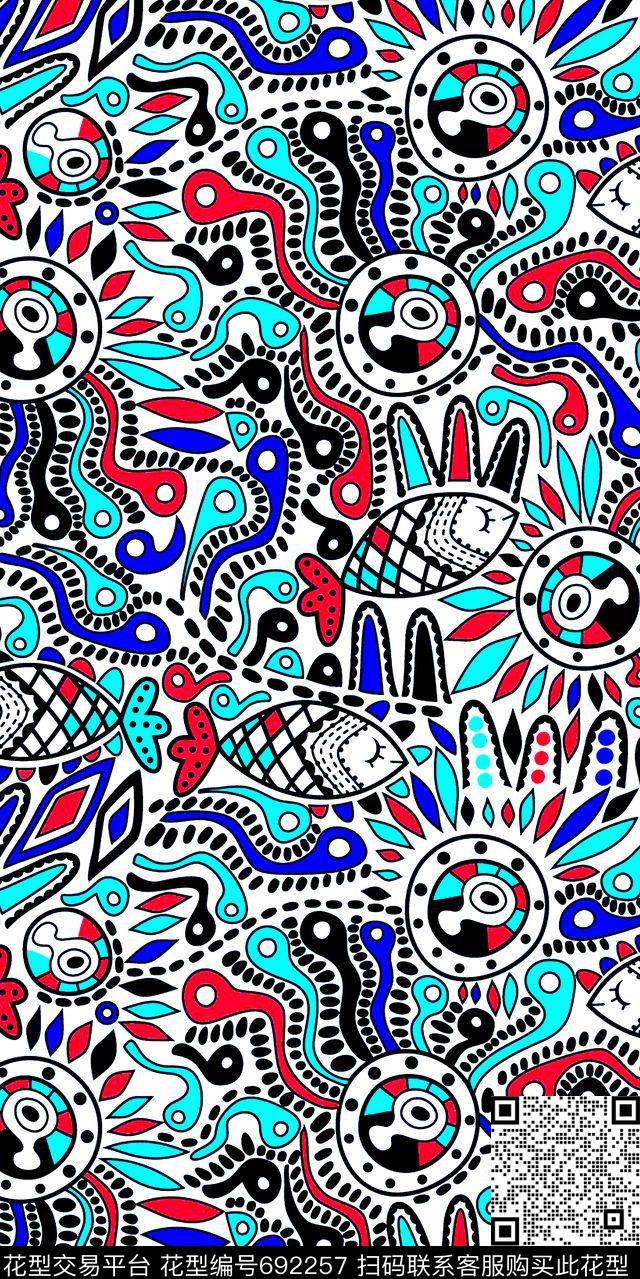 手绘图腾鱼数码印花华亿平台下载（图片编号: 692257） - 瓦栏（Walan）