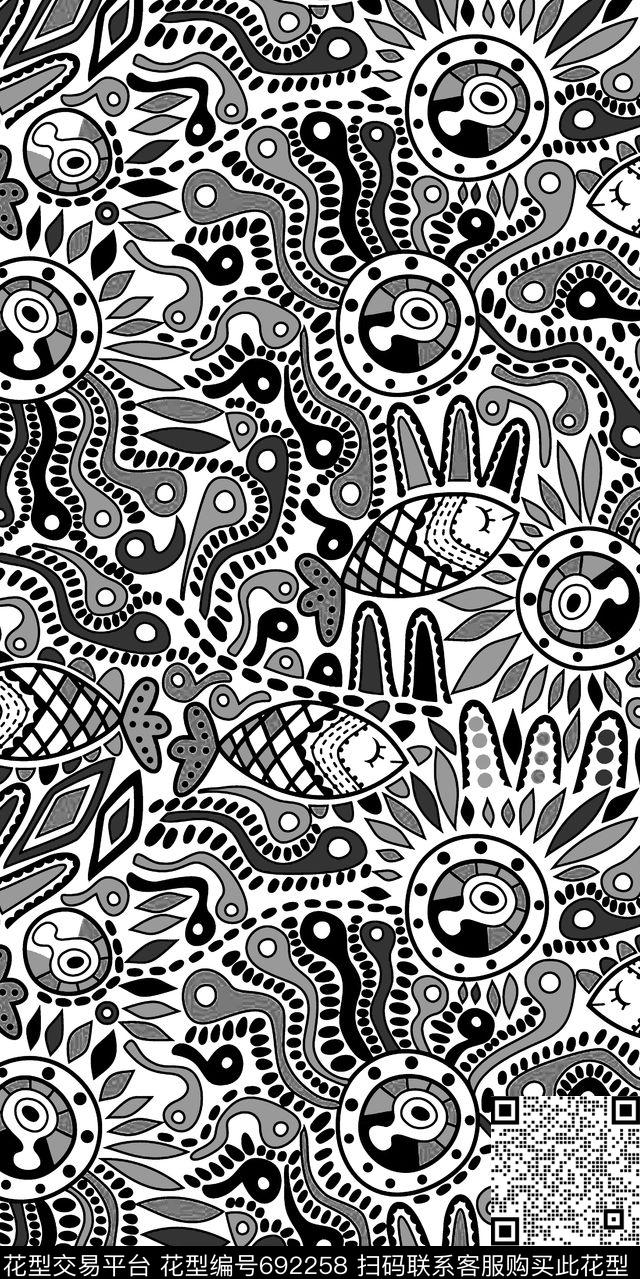 鱼手绘图腾传统印花华亿平台下载（图片编号: 692258） - 瓦栏（Walan）