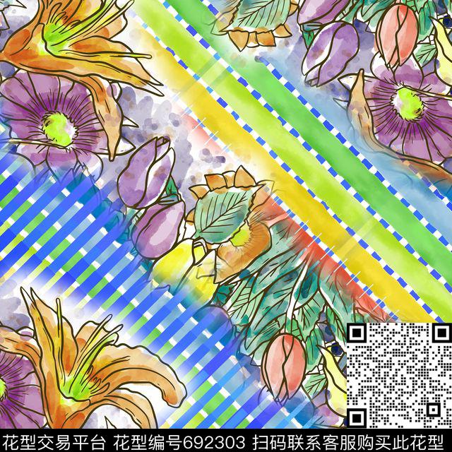 花卉几何丝巾方巾数码印花华亿平台下载（图片编号: 692303） - 瓦栏（Walan）