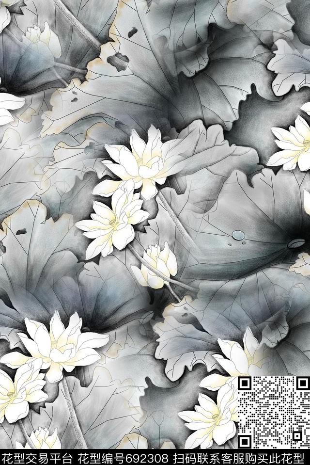 中国风水墨荷花数码印花华亿平台下载（图片编号: 692308） - 瓦栏（Walan）