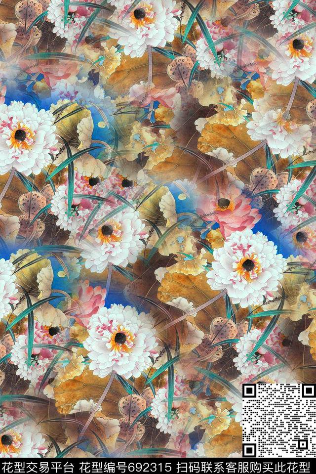 复古牡丹兰花数码印花华亿平台下载（图片编号: 692315） - 瓦栏（Walan）