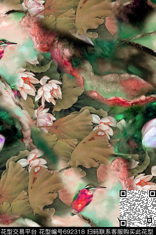 中国风国画荷花数码印花华亿平台下载（图片编号: 692318） - 瓦栏（Walan）