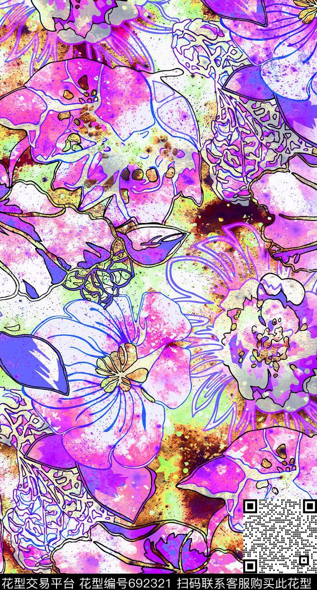 水彩大花朵花朵花卉数码印花华亿平台下载（图片编号: 692321） - 瓦栏（Walan）