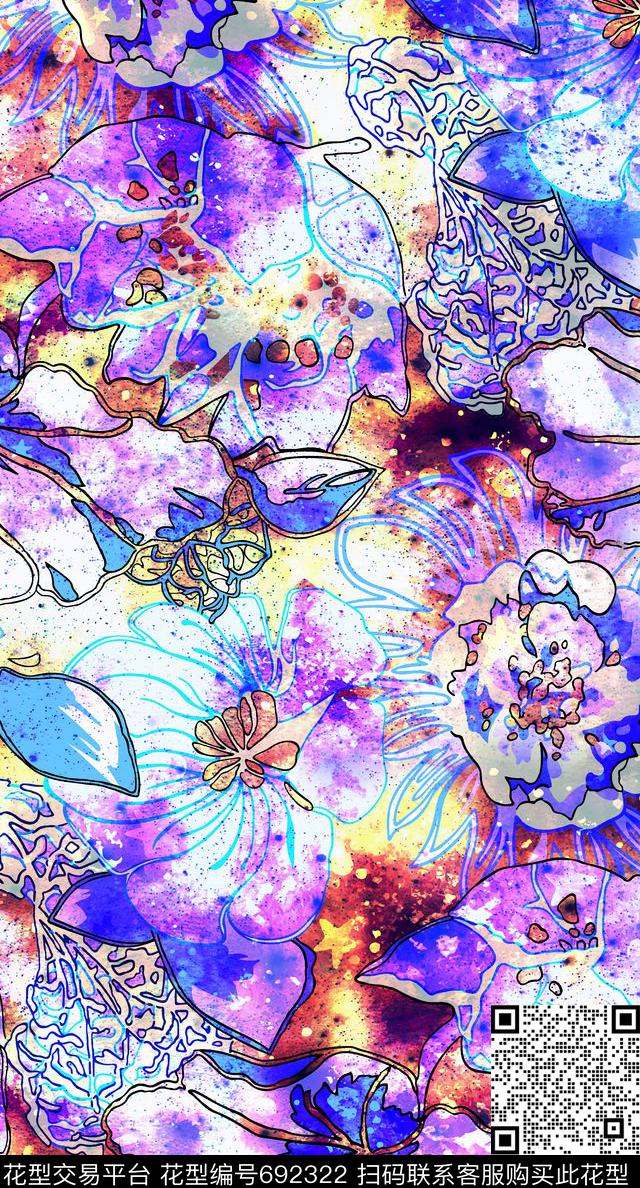 水彩大花朵花朵花卉数码印花华亿平台下载（图片编号: 692322） - 瓦栏（Walan）