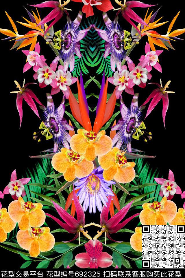 兰花花卉叶子数码印花华亿平台下载（图片编号: 692325） - 瓦栏（Walan）