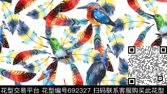 鸟羽毛水彩数码印花华亿平台下载（图片编号: 692327） - 瓦栏（Walan）