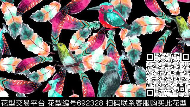 鸟羽毛水彩数码印花华亿平台下载（图片编号: 692328） - 瓦栏（Walan）