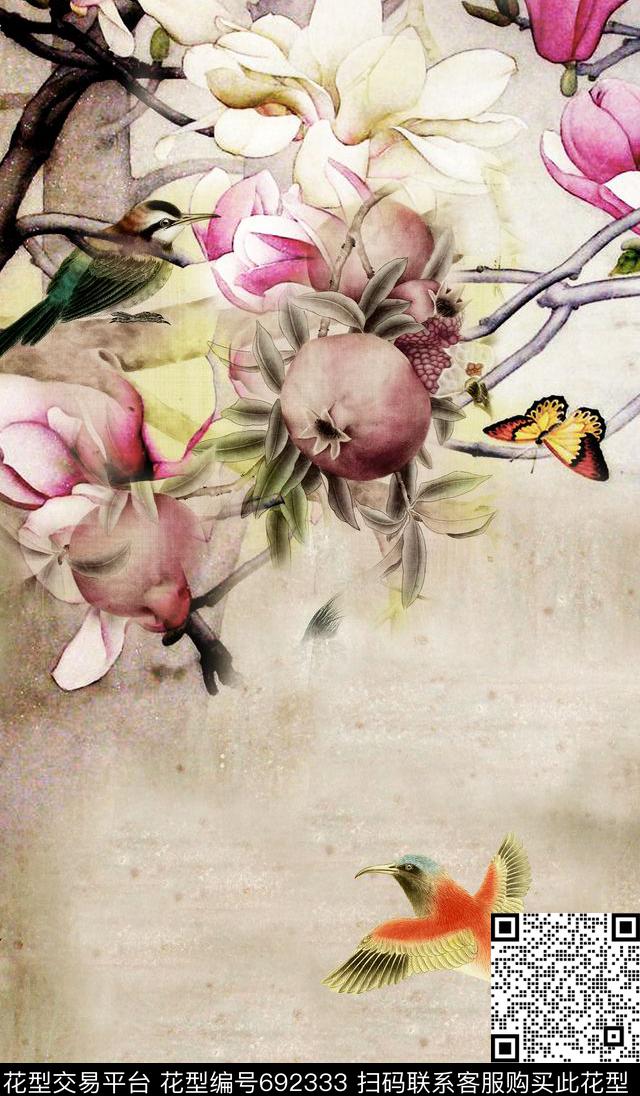 花朵国画工笔数码印花华亿平台下载（图片编号: 692333） - 瓦栏（Walan）