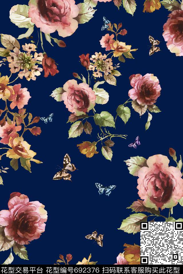 手绘满版花卉数码印花华亿平台下载（图片编号: 692376） - 瓦栏（Walan）