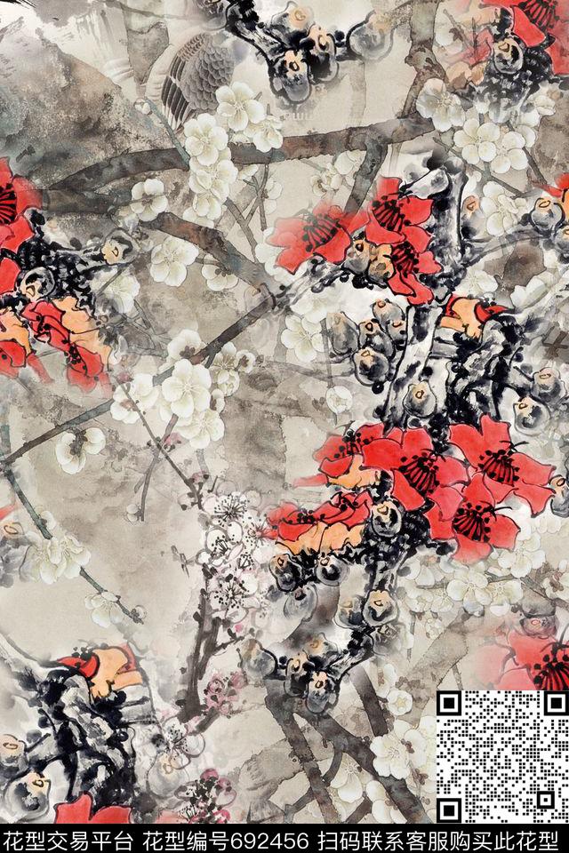 国画树枝花卉数码印花华亿平台下载（图片编号: 692456） - 瓦栏（Walan）