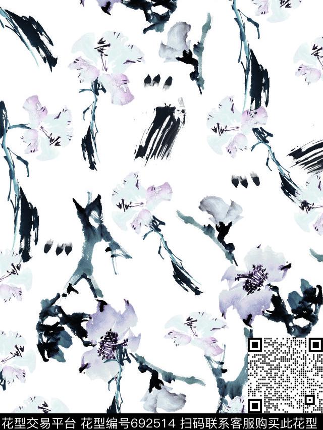 花朵花卉水墨数码印花华亿平台下载（图片编号: 692514） - 瓦栏（Walan）