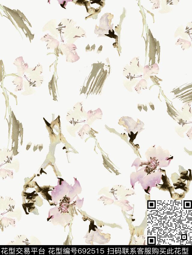 花朵花卉水墨数码印花华亿平台下载（图片编号: 692515） - 瓦栏（Walan）