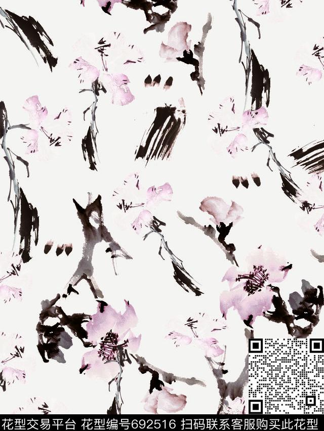 花朵花卉水墨数码印花华亿平台下载（图片编号: 692516） - 瓦栏（Walan）