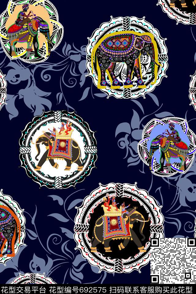 民族风大象圈圈数码印花华亿平台下载（图片编号: 692575） - 瓦栏（Walan）