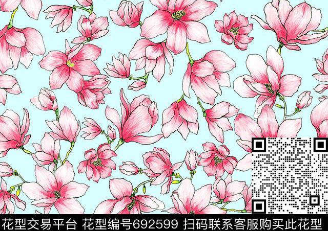 玉兰花原创手绘时尚浪漫花卉传统印花华亿平台下载（图片编号: 692599） - 瓦栏（Walan）