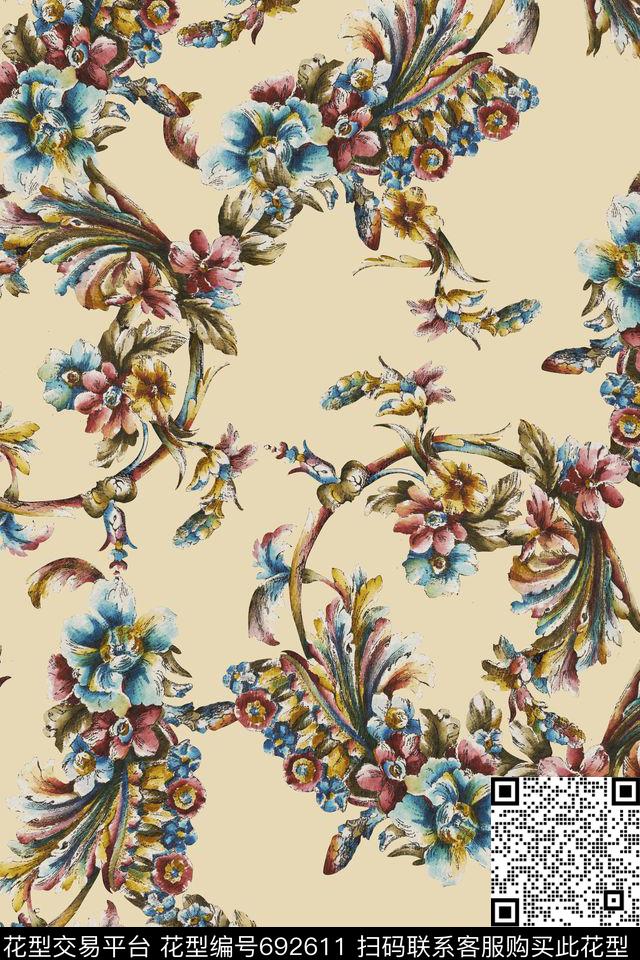 大马士革宫廷风卷草纹数码印花华亿平台下载（图片编号: 692611） - 瓦栏（Walan）