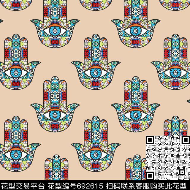手掌眼睛民族花纹图案数码印花华亿平台下载（图片编号: 692615） - 瓦栏（Walan）