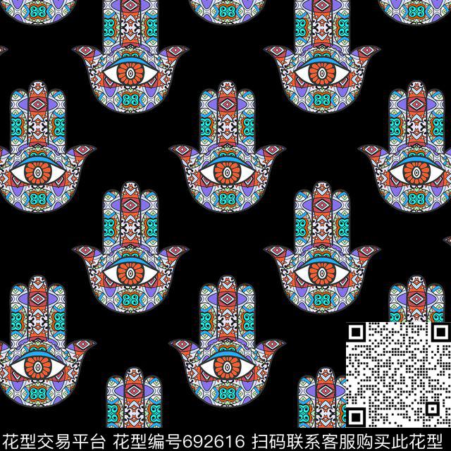 手掌眼睛民族花纹图案数码印花华亿平台下载（图片编号: 692616） - 瓦栏（Walan）