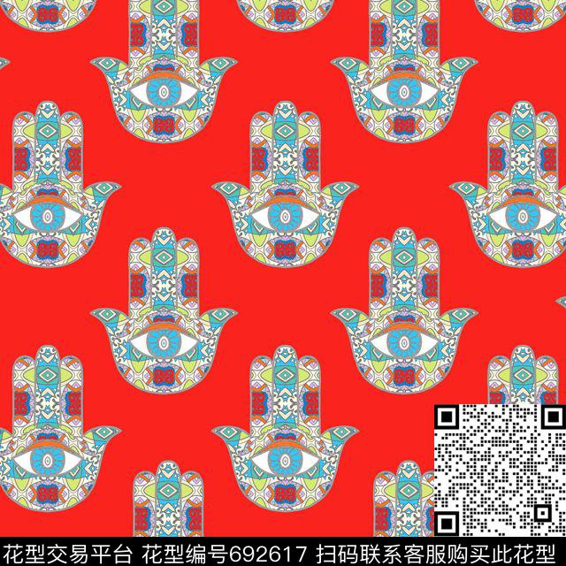 手掌眼睛民族花纹图案数码印花华亿平台下载（图片编号: 692617） - 瓦栏（Walan）