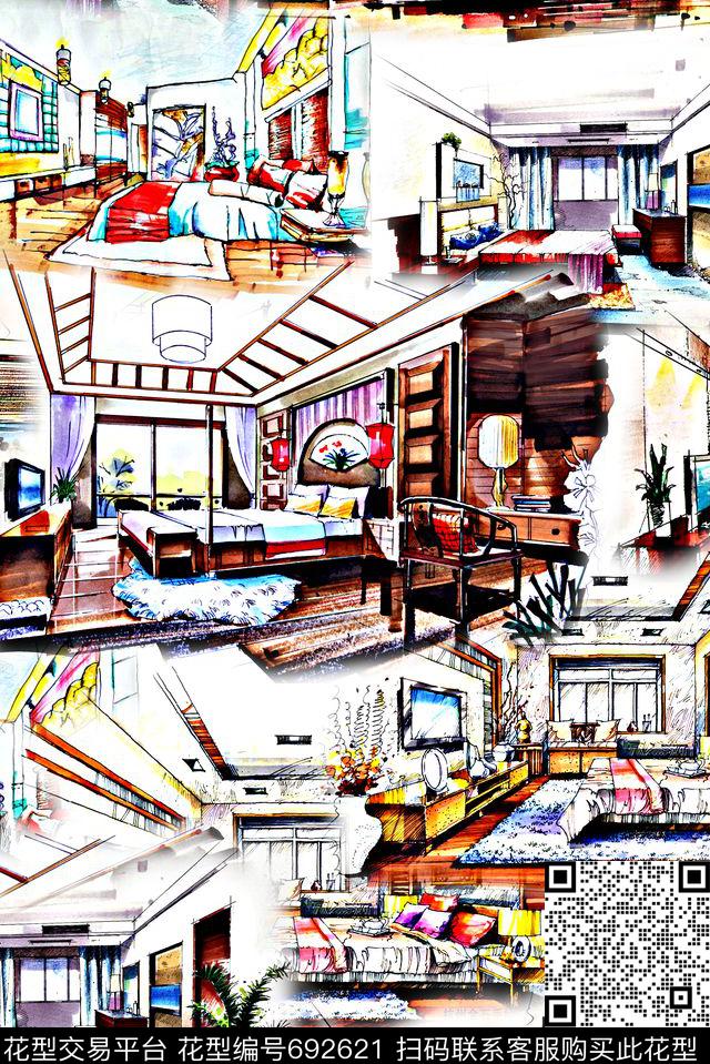 时尚潮流手绘建筑房子房间女装数码印花雪纺真丝绵布料印花春夏女装裙子泳装彩绘印花数码印花华亿平台下载（图片编号: 692621） - 瓦栏（Walan）