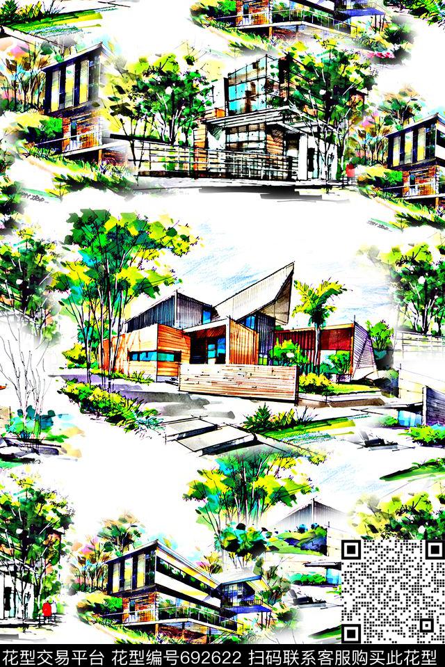 时尚潮流手绘建筑房子房间女装数码印花雪纺真丝绵布料印花春夏女装裙子泳装彩绘印花数码印花华亿平台下载（图片编号: 692622） - 瓦栏（Walan）