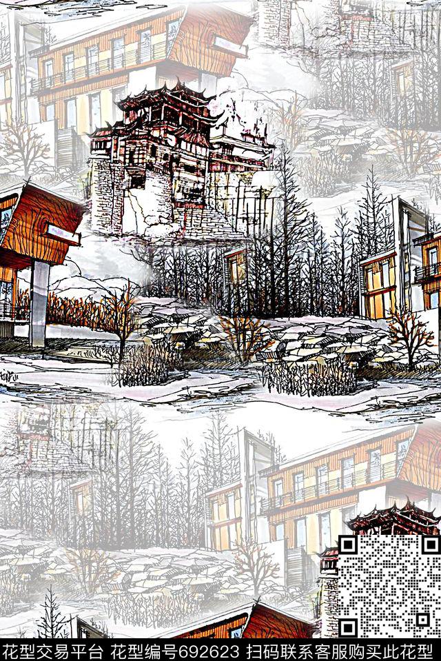 时尚潮流手绘建筑房子女装数码印花雪纺真丝绵布料印花春夏女装裙子泳装彩绘印花数码印花华亿平台下载（图片编号: 692623） - 瓦栏（Walan）