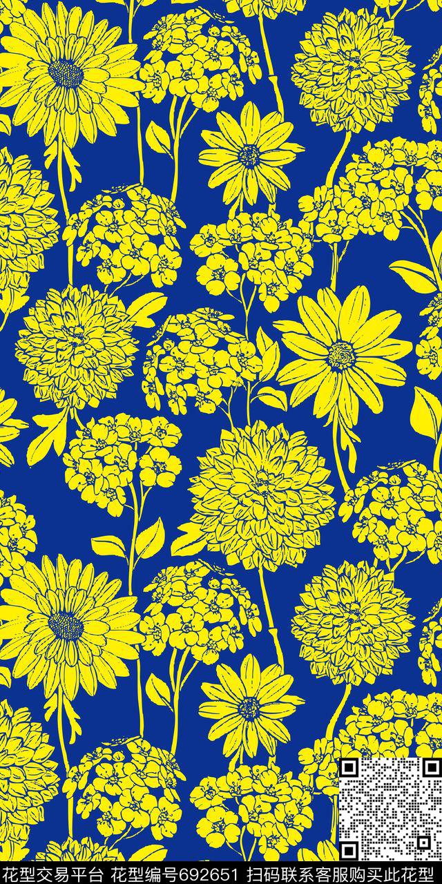 雏菊花卉年轻时尚传统印花华亿平台下载（图片编号: 692651） - 瓦栏（Walan）