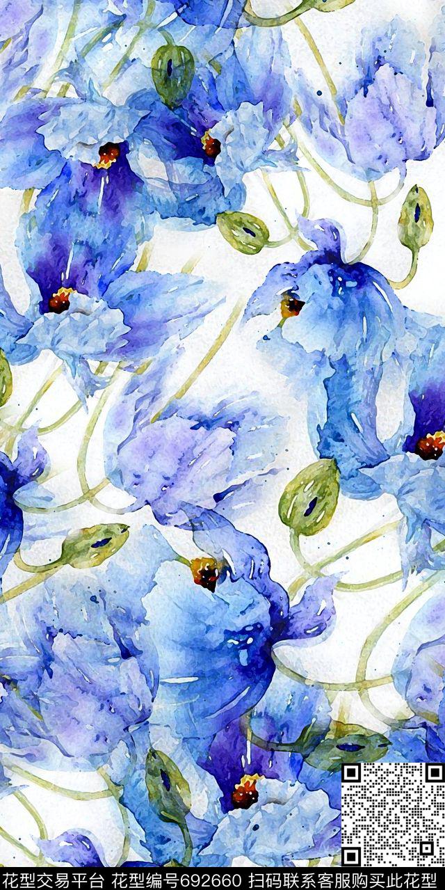 小碎花水墨水彩花卉数码印花华亿平台下载（图片编号: 692660） - 瓦栏（Walan）