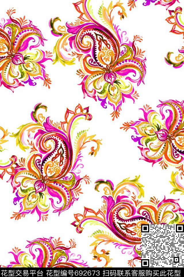 火腿花水彩手绘腰果数码印花华亿平台下载（图片编号: 692673） - 瓦栏（Walan）