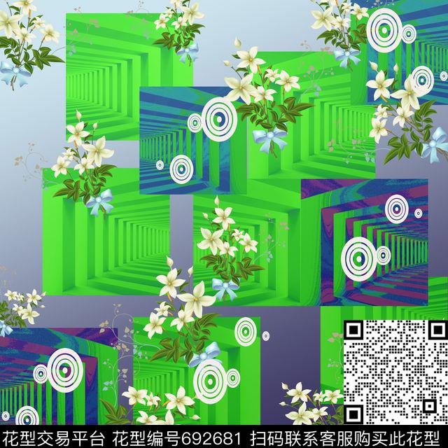 丝巾围巾秀场花卉方格数码印花华亿平台下载（图片编号: 692681） - 瓦栏（Walan）