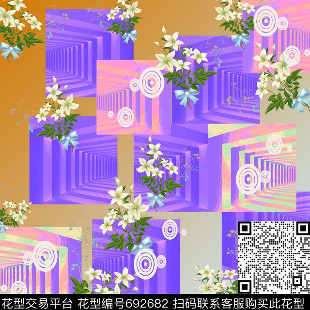丝巾围巾秀场花卉方格数码印花华亿平台下载（图片编号: 692682） - 瓦栏（Walan）