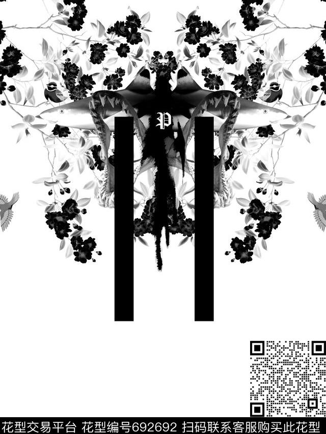 鲨鱼海洋元素结合花卉时尚潮牌男装定位花适用于卫衣T恤夹克衬衫华亿平台数码印花华亿平台下载（图片编号: 692692） - 瓦栏（Walan）