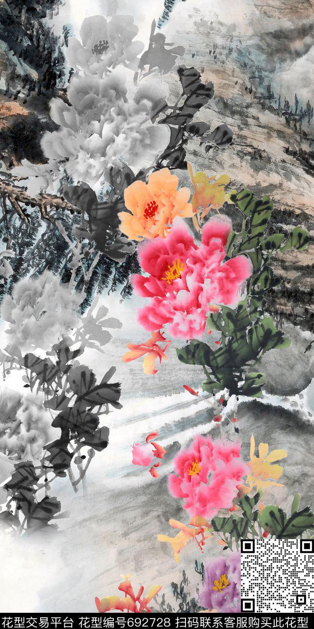 水墨中国风牡丹数码印花华亿平台下载（图片编号: 692728） - 瓦栏（Walan）