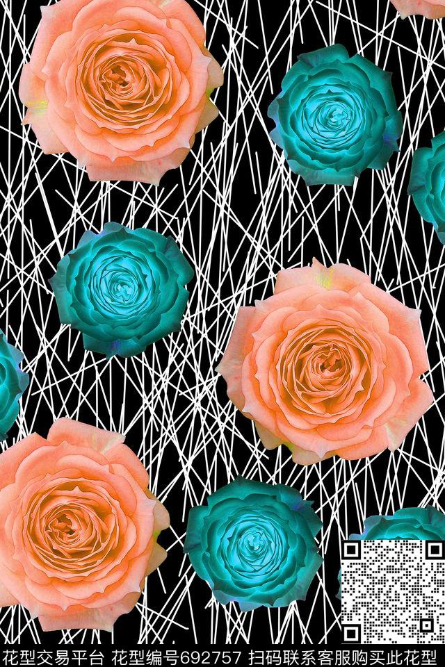 线条花朵花卉数码印花华亿平台下载（图片编号: 692757） - 瓦栏（Walan）