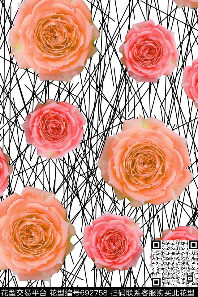 线条花朵花卉数码印花华亿平台下载（图片编号: 692758） - 瓦栏（Walan）