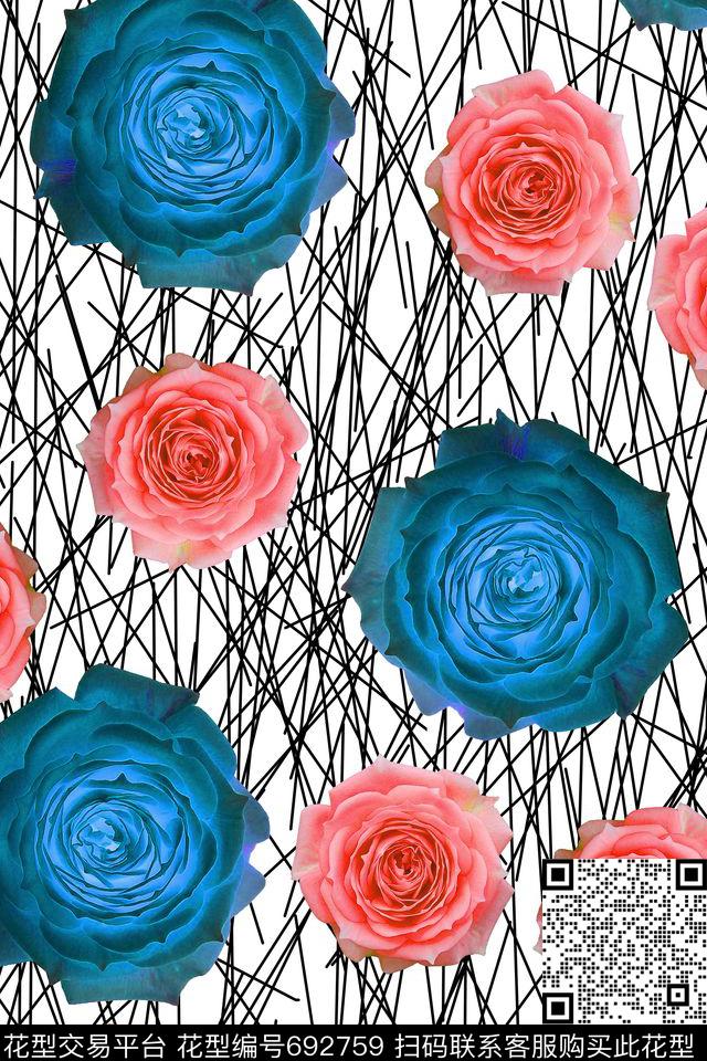 线条花朵花卉数码印花华亿平台下载（图片编号: 692759） - 瓦栏（Walan）