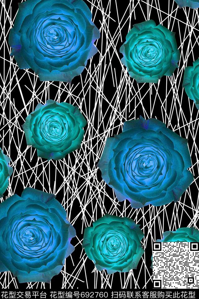 线条花朵花卉数码印花华亿平台下载（图片编号: 692760） - 瓦栏（Walan）