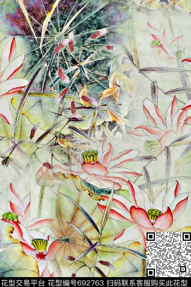 荷花工笔画手绘数码印花华亿平台下载（图片编号: 692763） - 瓦栏（Walan）