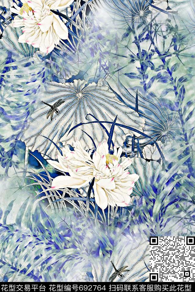 荷花工笔画手绘数码印花华亿平台下载（图片编号: 692764） - 瓦栏（Walan）