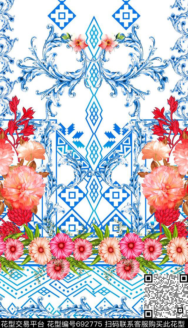 MAX-定位欧美民族风花卉青花瓷数码印花华亿平台下载（图片编号: 692775） - 瓦栏（Walan）