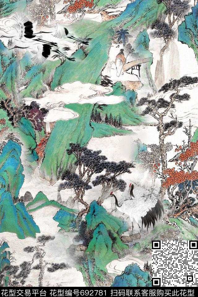 风景中国风工笔数码印花华亿平台下载（图片编号: 692781） - 瓦栏（Walan）