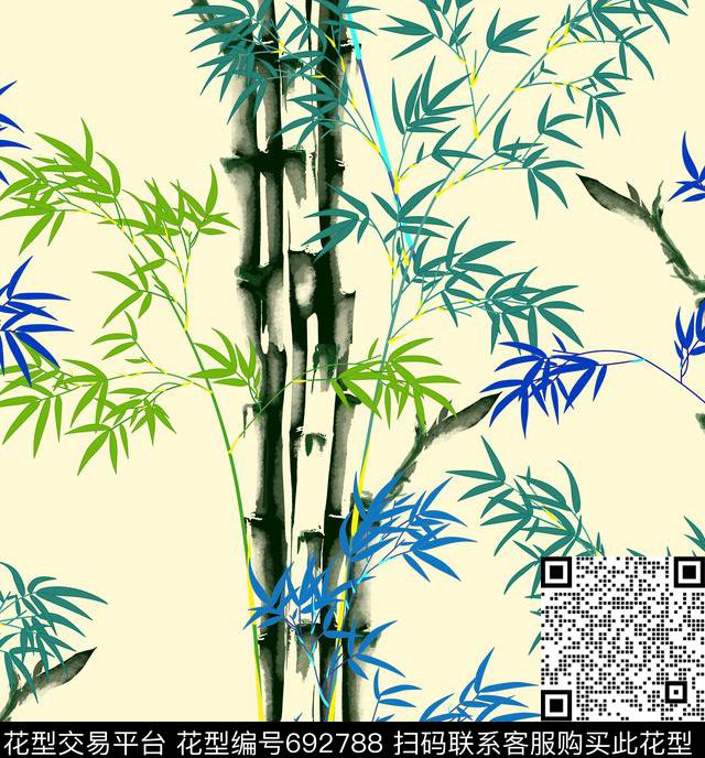 山水画旗袍印花中国民族风手绘竹子数码印花华亿平台下载（图片编号: 692788） - 瓦栏（Walan）